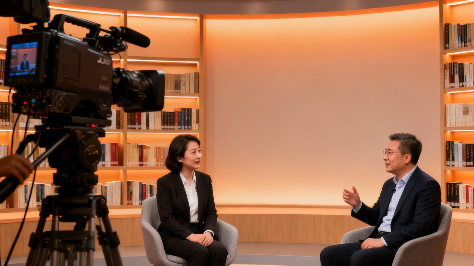 XPJ集团高管专访系列节目录制现场，主持人与一位知名文化产业CEO对坐交谈，背景是简约的书架和暖色灯光，摄像机正在录制中。