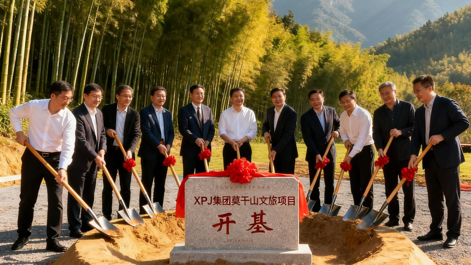 XPJ集团在浙江莫干山的文旅地产项目开工仪式现场，嘉宾们手持铁锹站在奠基石旁，背景是竹林和山峦，天气晴朗，气氛热烈而庄重。