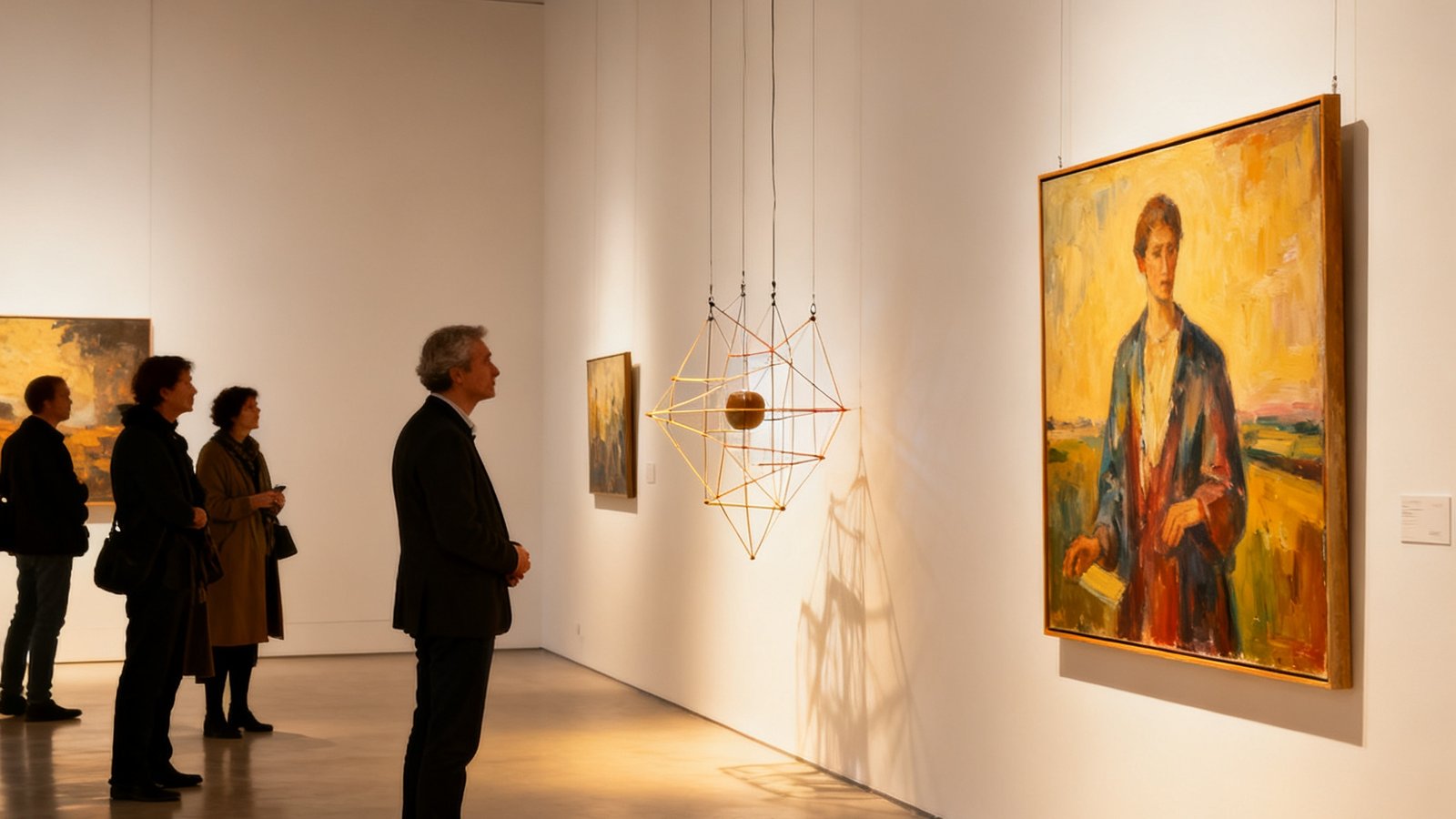 XPJ集团策划的中欧当代艺术联展现场，展厅内悬挂着来自中国和欧洲艺术家的油画与装置作品，观众在柔和的灯光下驻足欣赏，展墙采用白色简约设计突出艺术品本身。