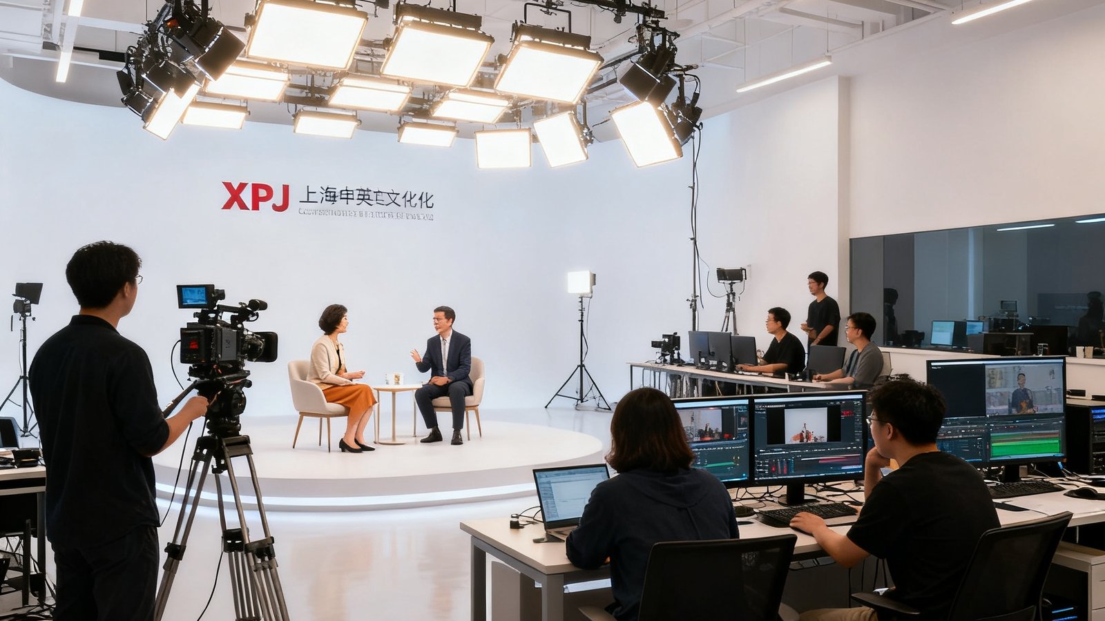 XPJ集团位于上海的多语种数字媒体制作工作室，宽敞明亮的空间内配备专业摄像设备和后期剪辑工作站，团队正在录制一档中英双语的文化访谈节目。